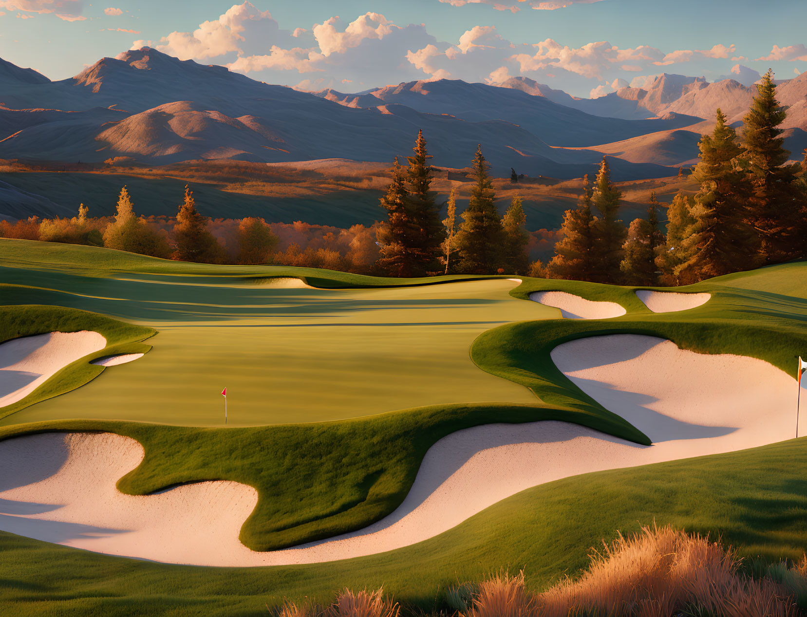 Scenic golf course with green fairways and white sand bunkers amid rolling hills and mountains