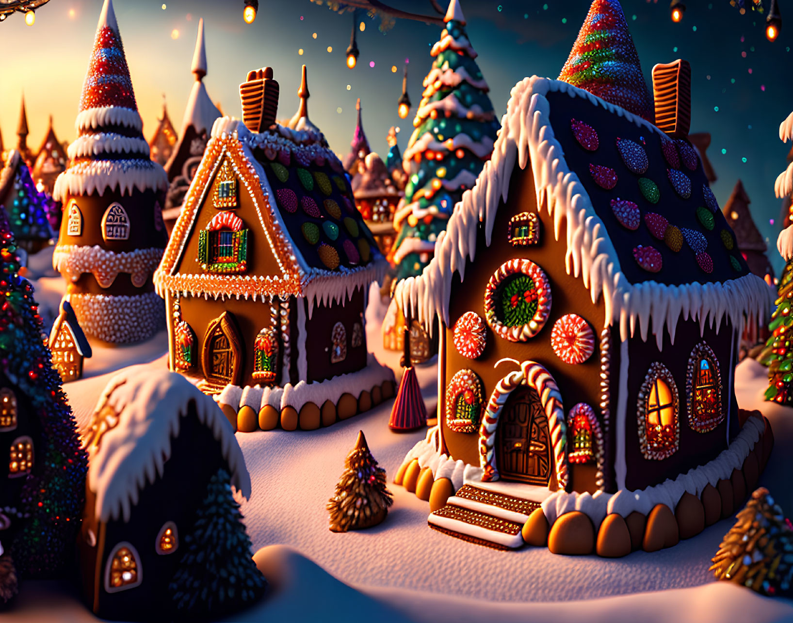 Winter scene with gingerbread houses and snowy trees under starry sky