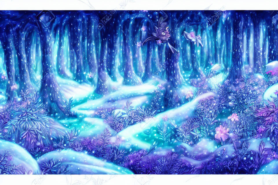 Enchanted forest at night with glowing blue pathways and whimsical creature