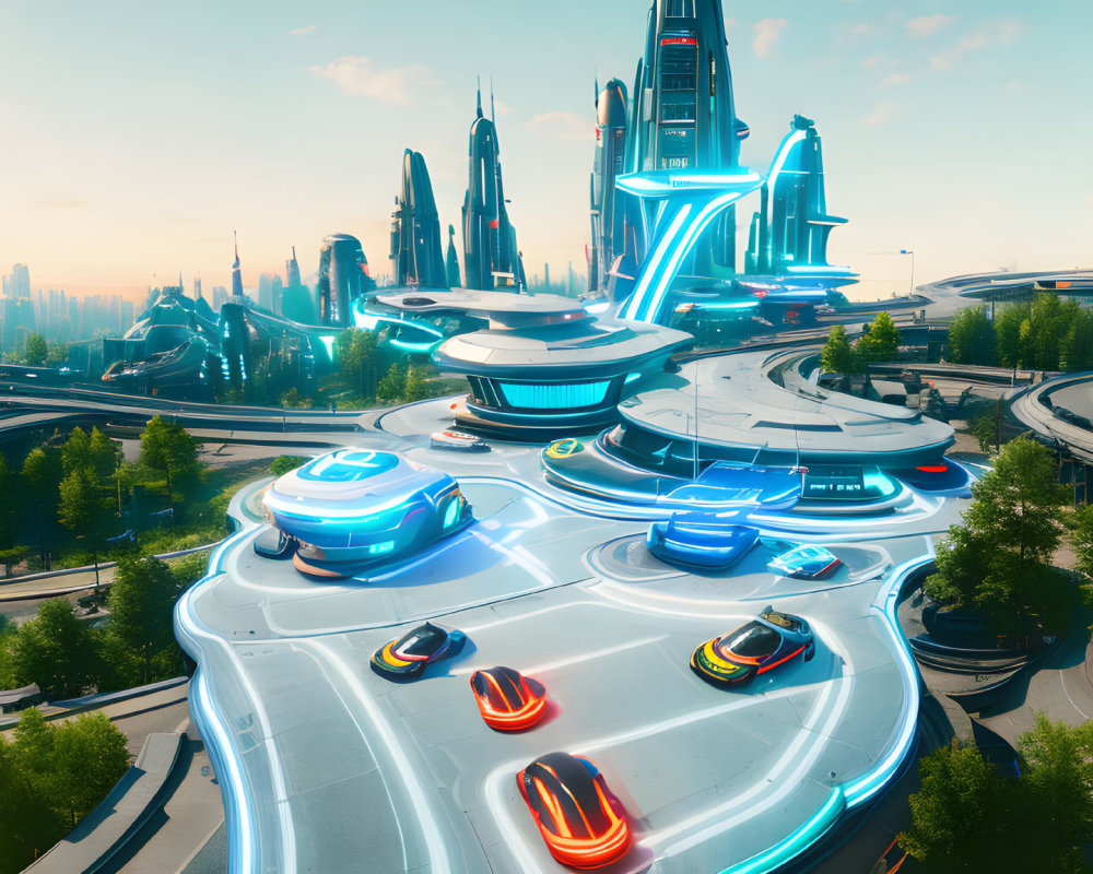 Futuristic cityscape with sleek buildings and flying cars amid lush greenery