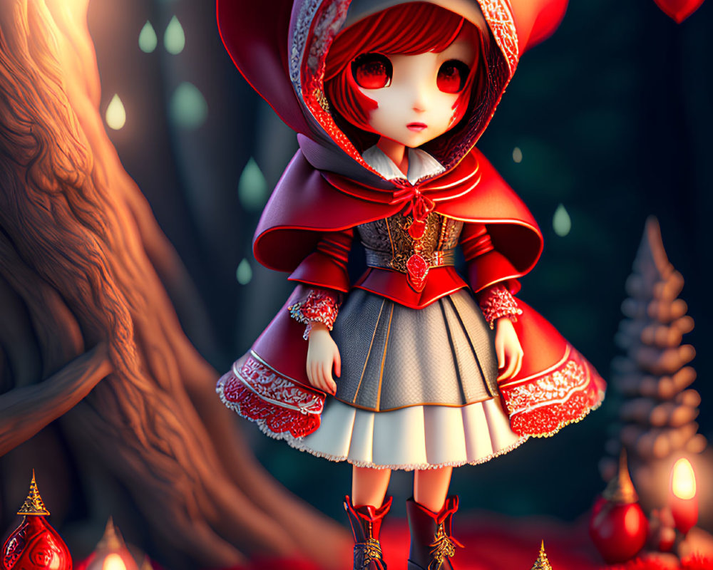 Animated girl in red cape in mystical forest with heart-shaped fruits & candles