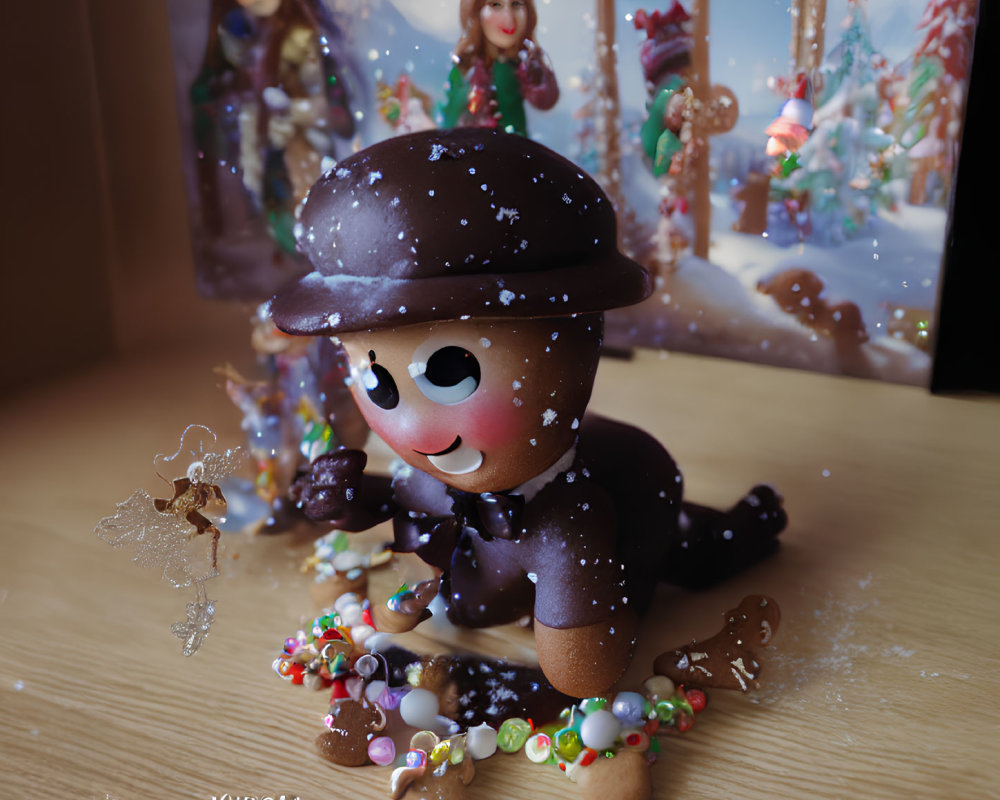 Festive gingerbread figurine in holiday setting with decorations