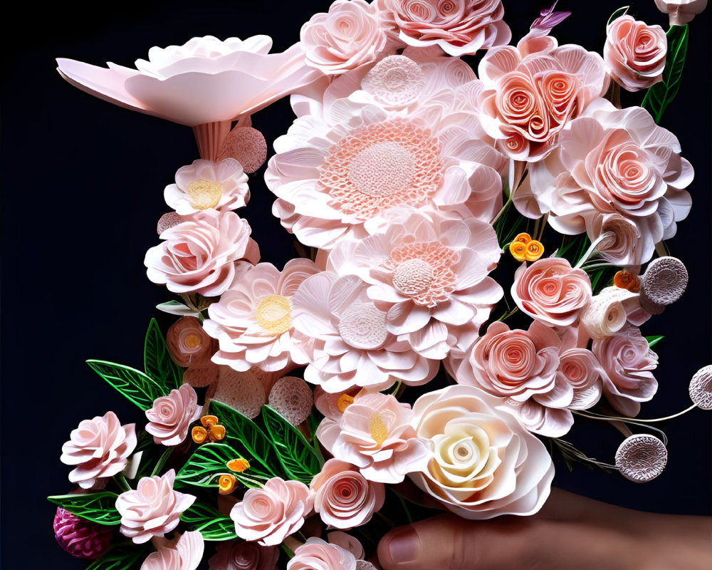 Intricate paper-crafted flower bouquet in shades of pink, white, and cream