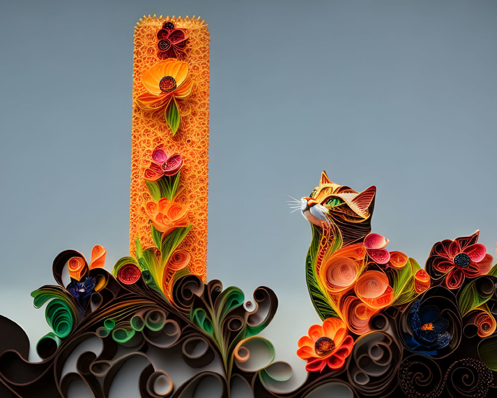 Vibrant quilled paper art: floral design, tower, cat on grey.