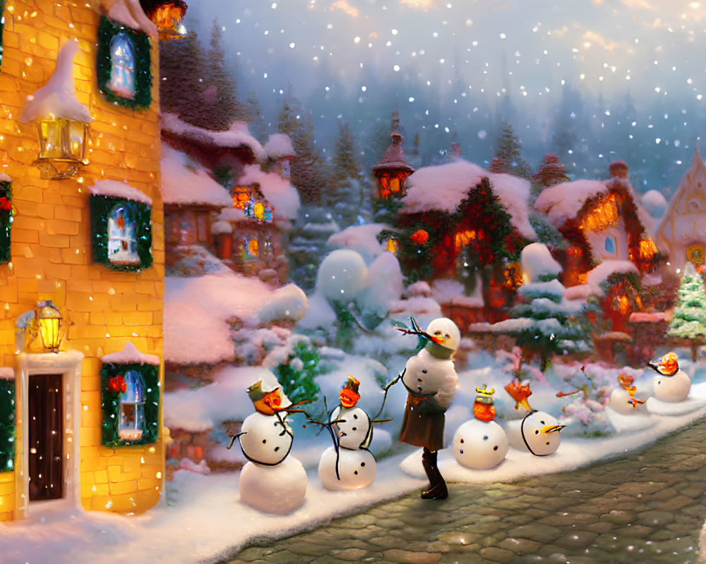 Snowy Village Scene: Person Admiring Snowmen & Lit Houses at Dusk