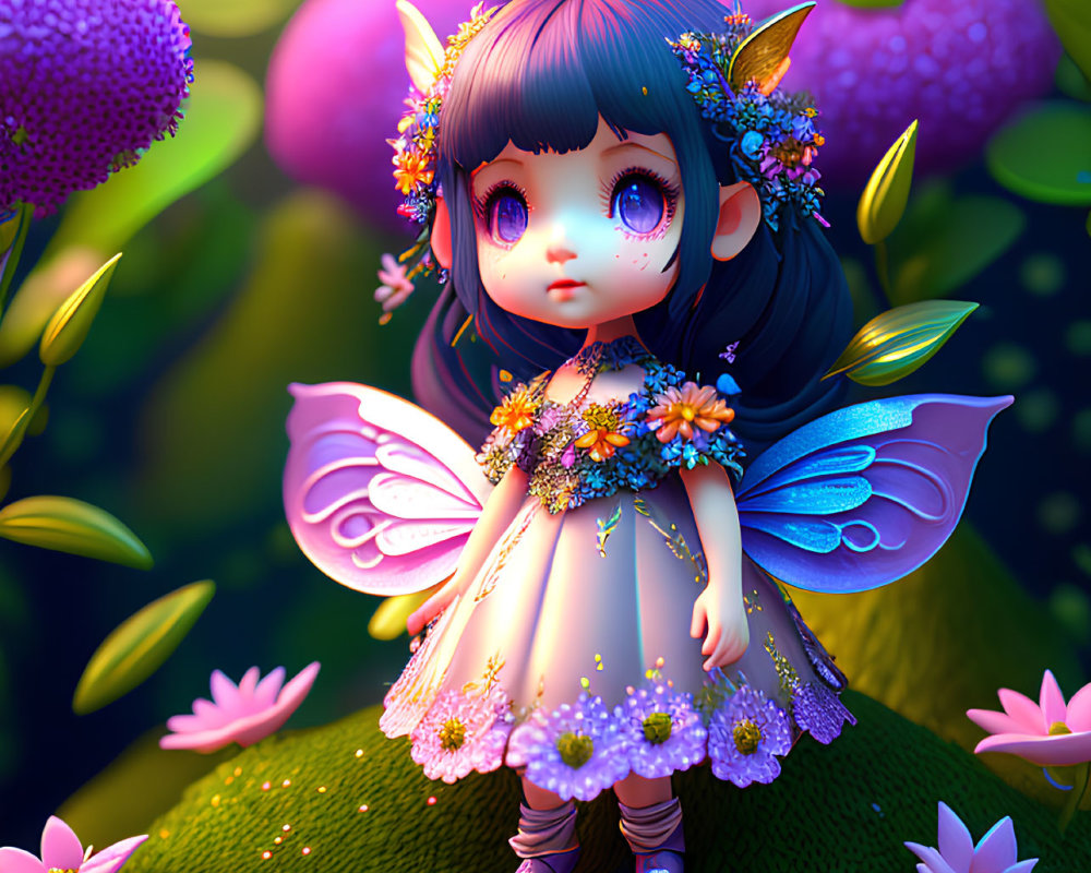 Blue Butterfly-Winged Fairy Girl Among Colorful Flowers