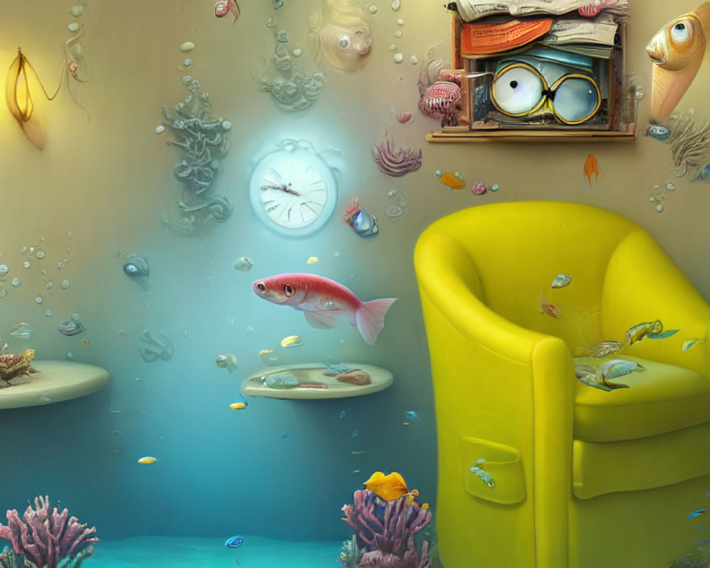 Colorful Underwater Scene with Fish, Armchair, Books, and Sea Life