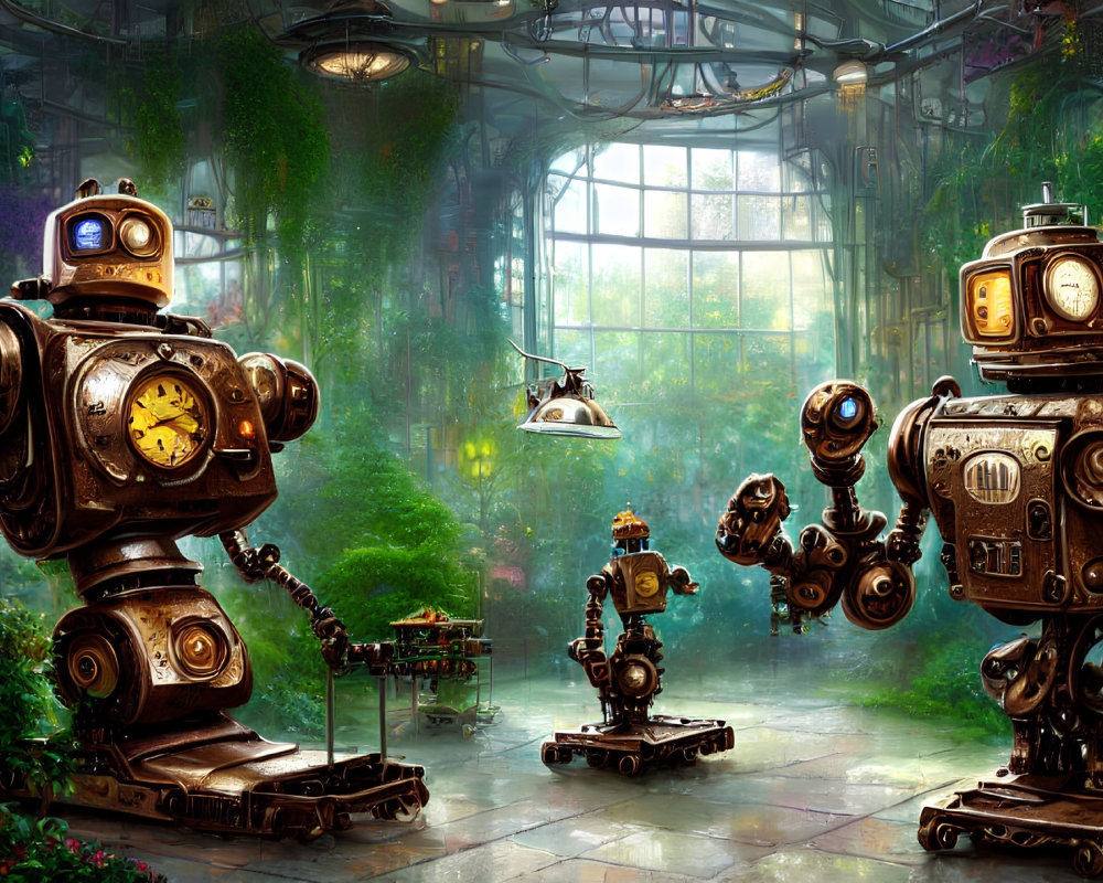 Vintage Robots in Lush Greenhouse with Sunlight and Plants