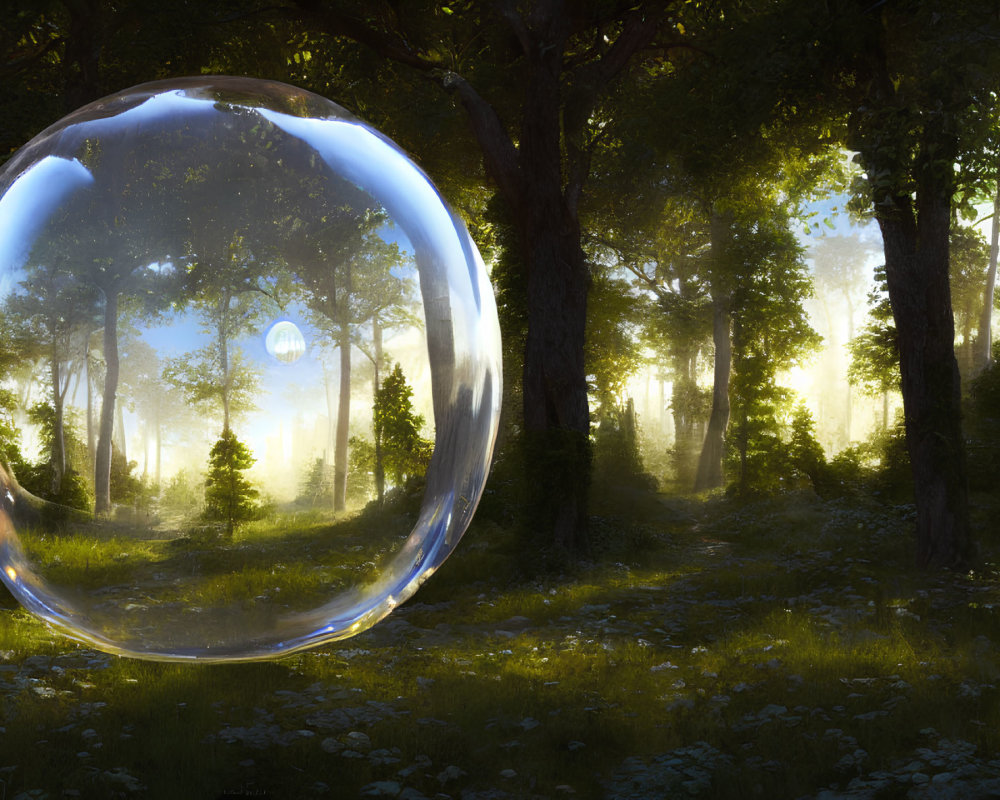 Sunlit Forest Scene with Reflective Bubble Amidst Trees