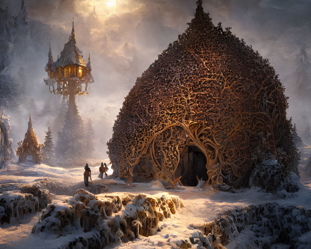 Fantasy winter landscape with travelers, ornate dome, and lantern-lit tower