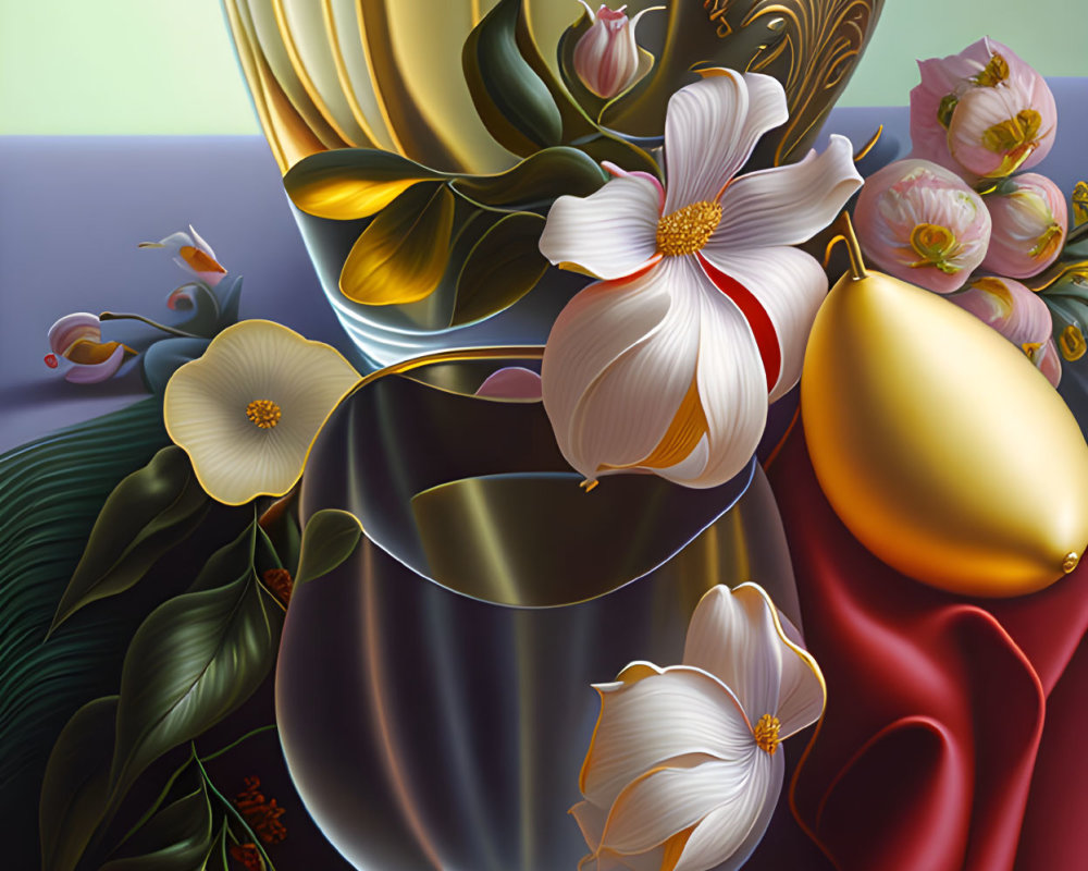 Elegant still life digital artwork with wine glass, flowers, velvet cloth, and ornate mirror