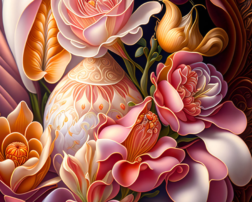 Colorful roses and tulips with lush petals on dark background