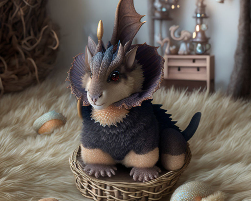 Fantasy-style dragon toy in woven basket with eggs on furry surface