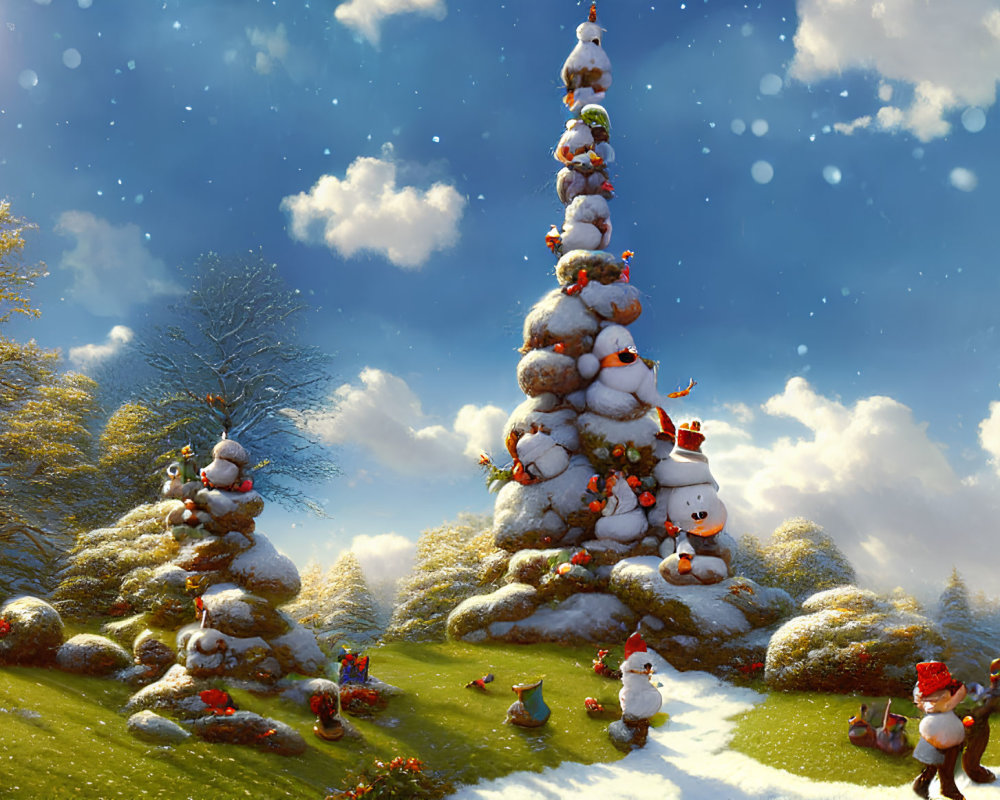 Whimsical snowmen and Christmas trees in snowy landscape