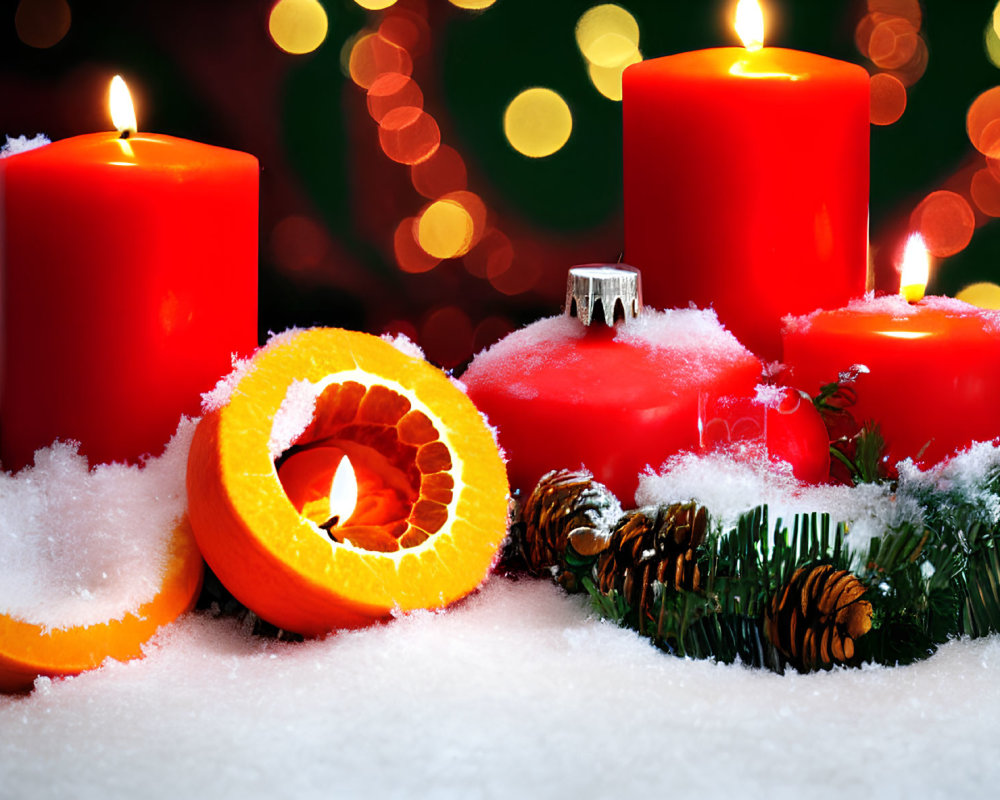 Festive holiday still life with red candles, orange slice, pine cones, and greenery