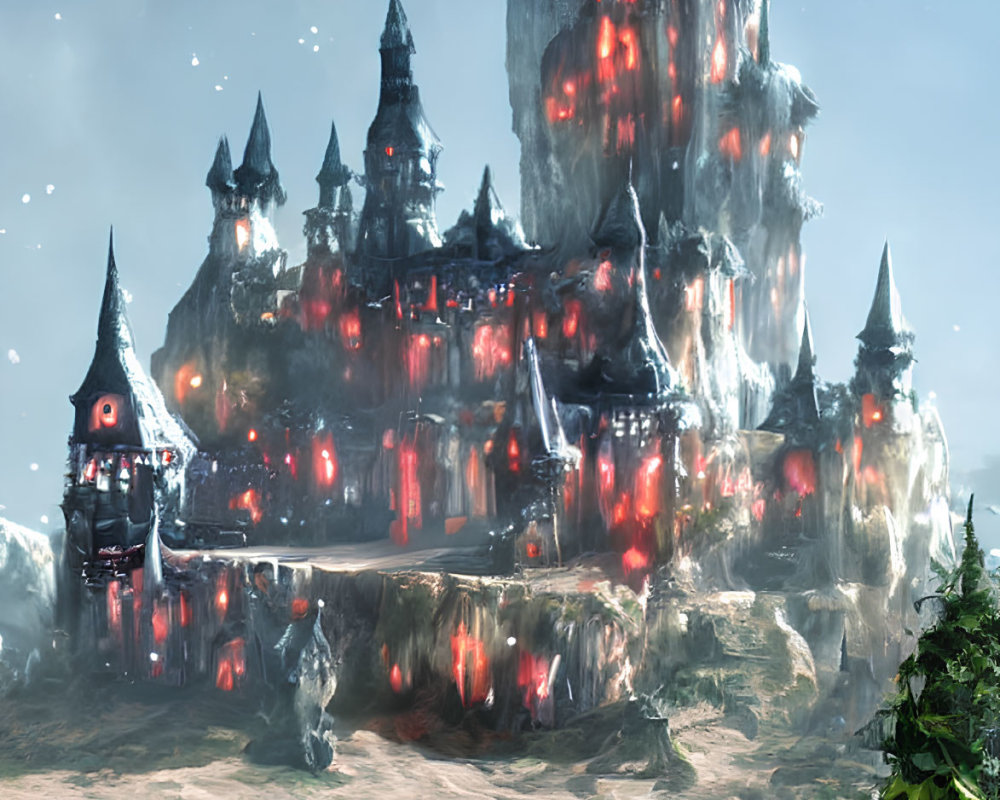 Fantasy castle on craggy cliff with red glowing windows in misty starry sky