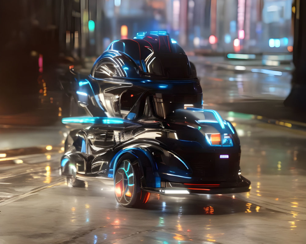 Futuristic black car with blue neon lights in urban night scene