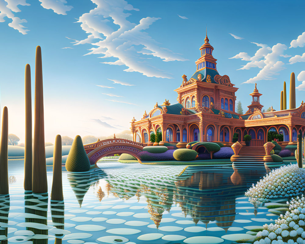 Whimsical landscape with ornate building, reflecting pool, unique flora, and dreamy sky