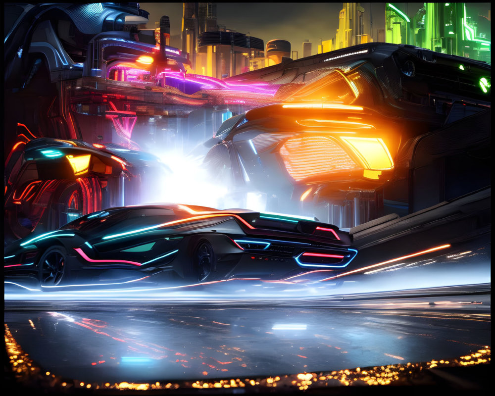 Neon-lit futuristic cityscape with flying cars at night