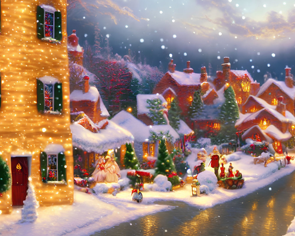 Festive Christmas village with lights, decorations, and snow