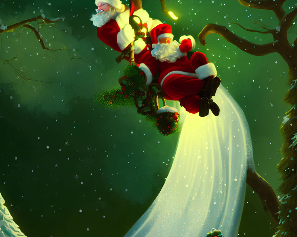 Santa Claus trapped in tree with sack on branch under starry night sky.