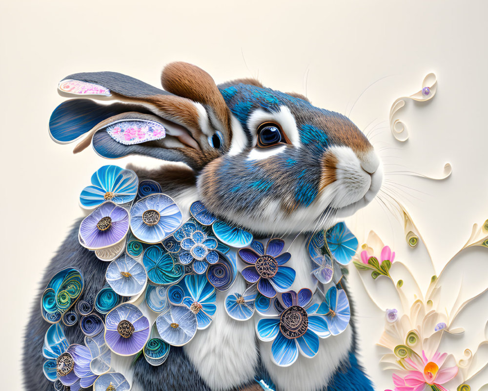 Colorful Paper Art Flowers Adorned Rabbit: A Whimsical Fusion