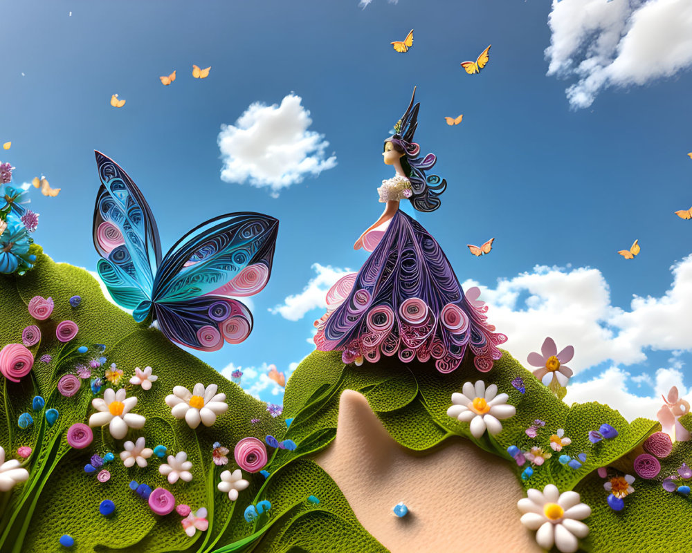 Colorful paper art scene of woman on hill with butterflies and flowers