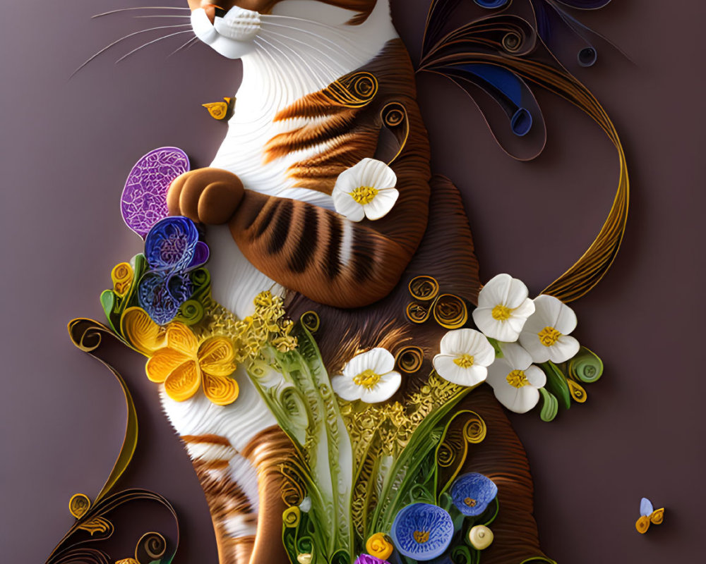 Stylized cat with floral patterns on dark purple background