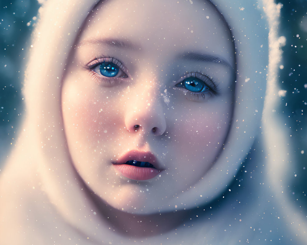 Close-up of person with pale skin and blue eyes in white scarf with snowflakes.