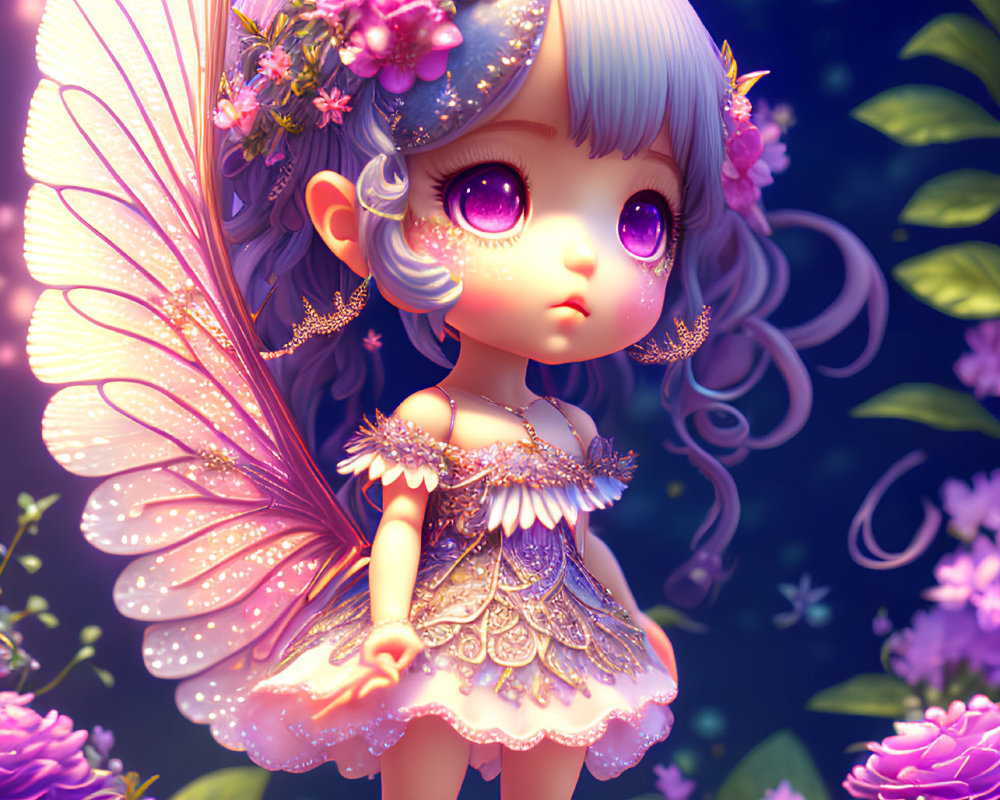 Anime-style fairy with purple eyes, ornate wings, and floral headdress in enchanted garden