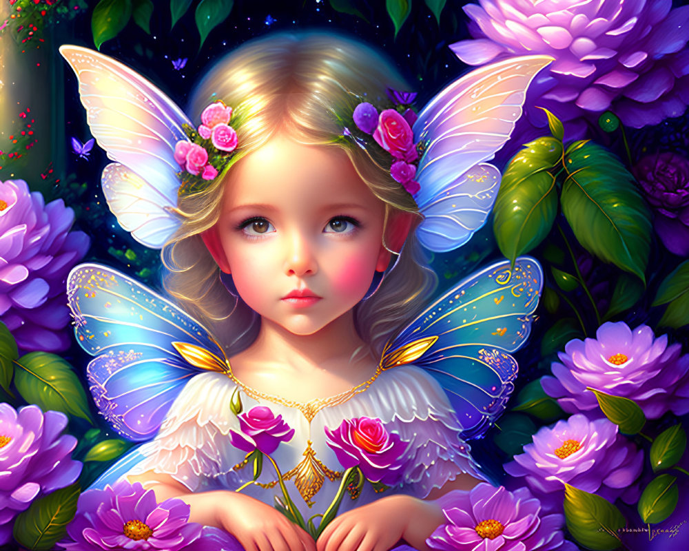 Fairy child with gossamer wings and purple flowers.