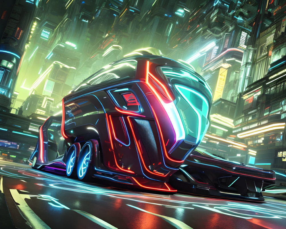 Glowing futuristic vehicle in neon-lit cyberpunk cityscape at night