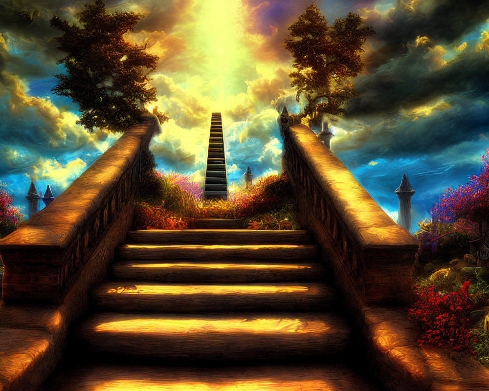 Colorful Stairway Ascends to Heavenly Light Amid Dreamlike Landscape