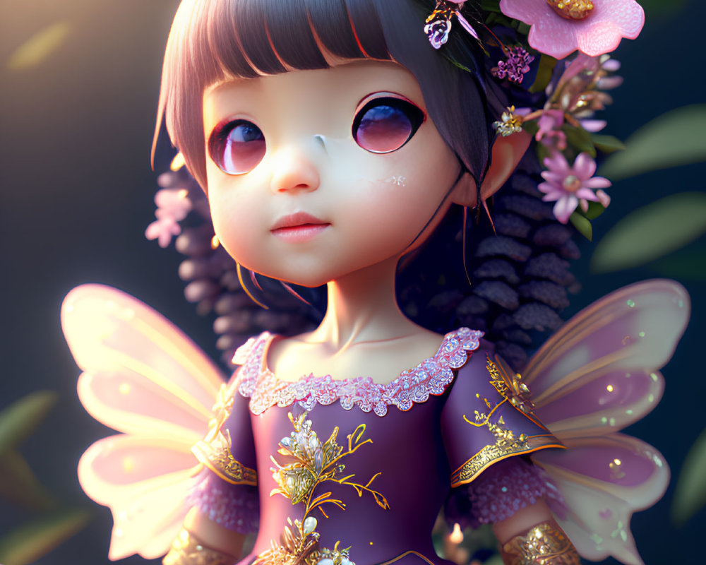 Digital artwork of fairy with large delicate wings in purple dress and floral headpiece on dark background