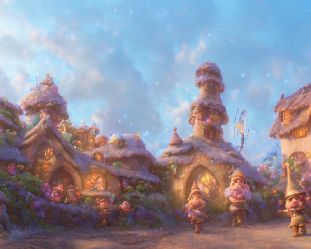 Enchanted village with whimsical houses and gnome-like creatures at twilight