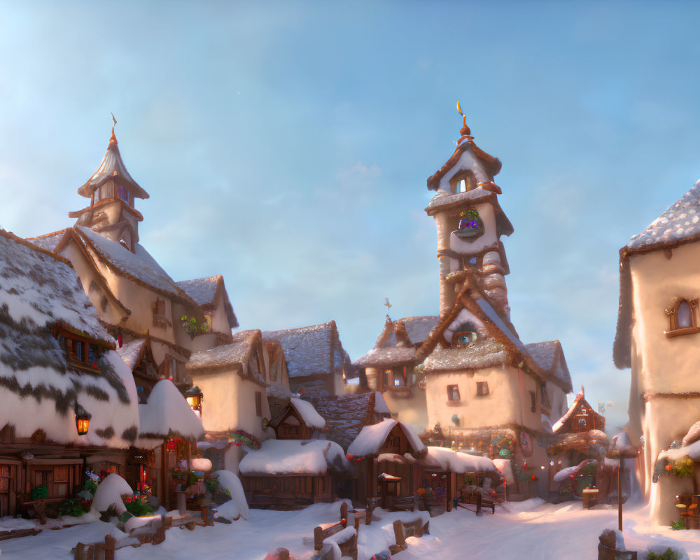 Snowy Village Scene with Charming Snow-Covered Buildings and Festive Decorations