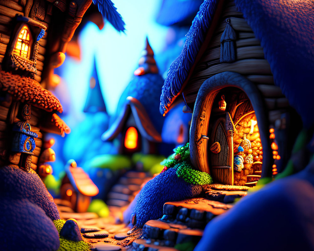 Fantasy village with glowing mushroom houses on cobblestone path