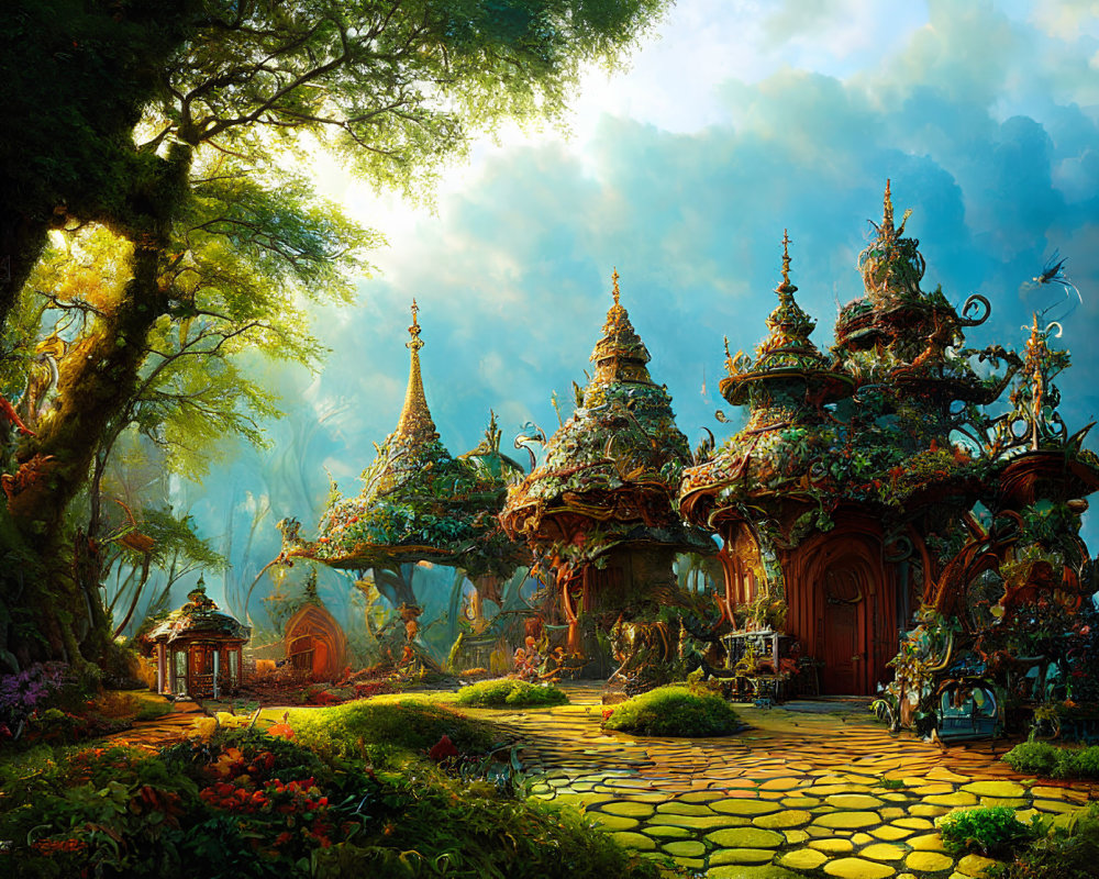 Ornate whimsical buildings in enchanted forest setting