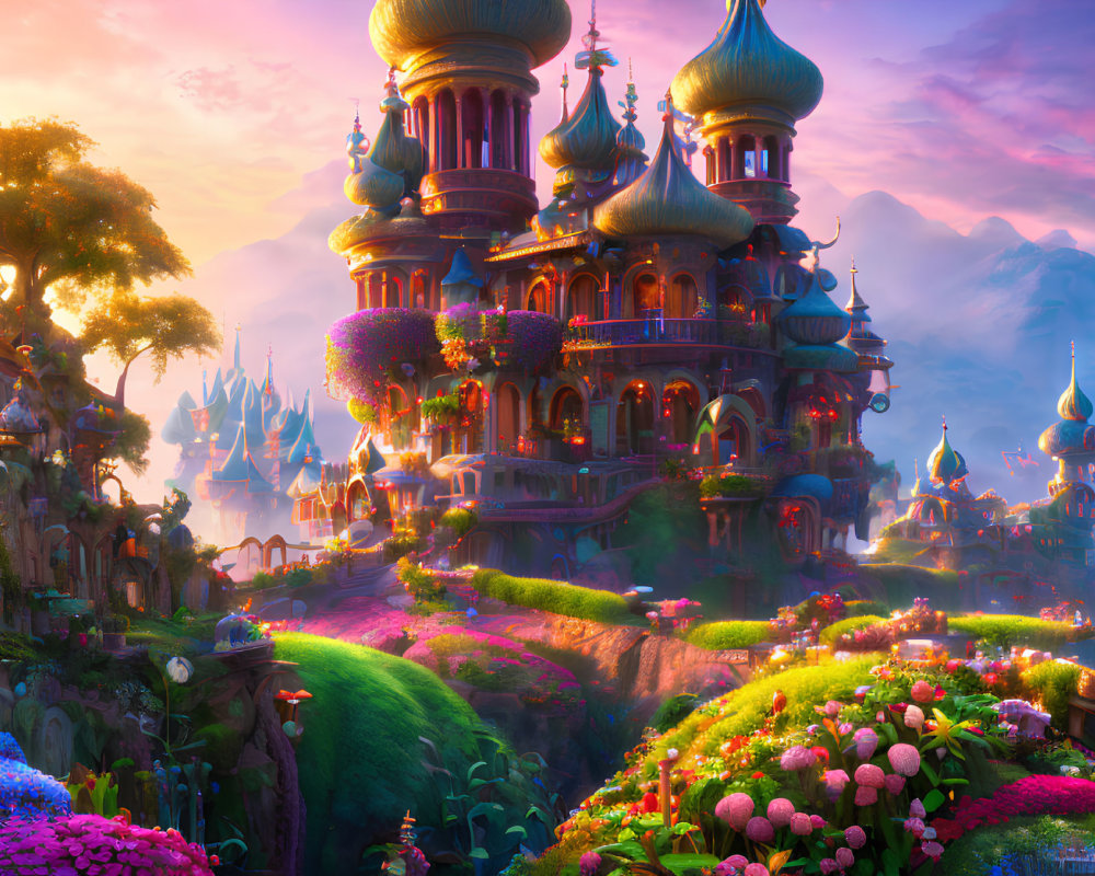 Majestic palace in vibrant fantasy landscape