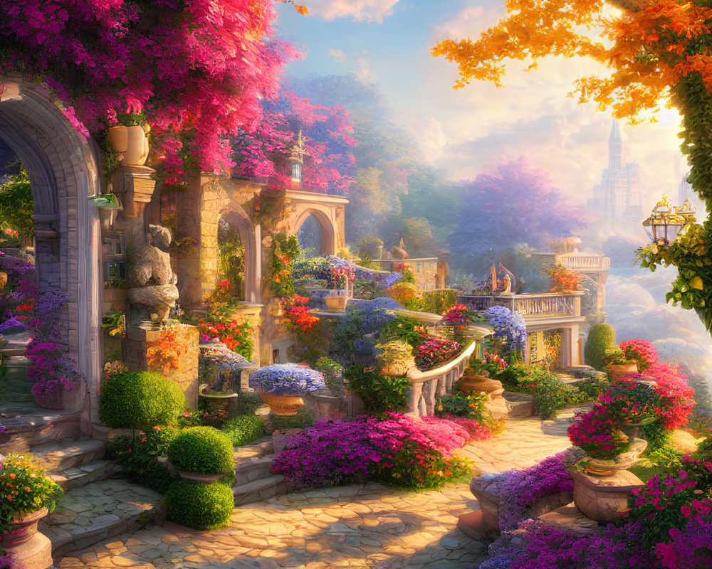 Fantasy garden with colorful flowers, stone archway, and distant castle