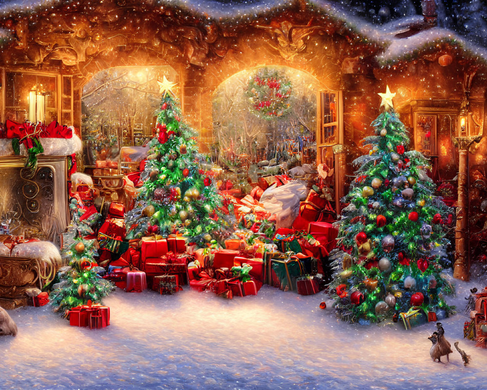 Festive Christmas scene with decorated trees, presents, fireplace, and falling snow