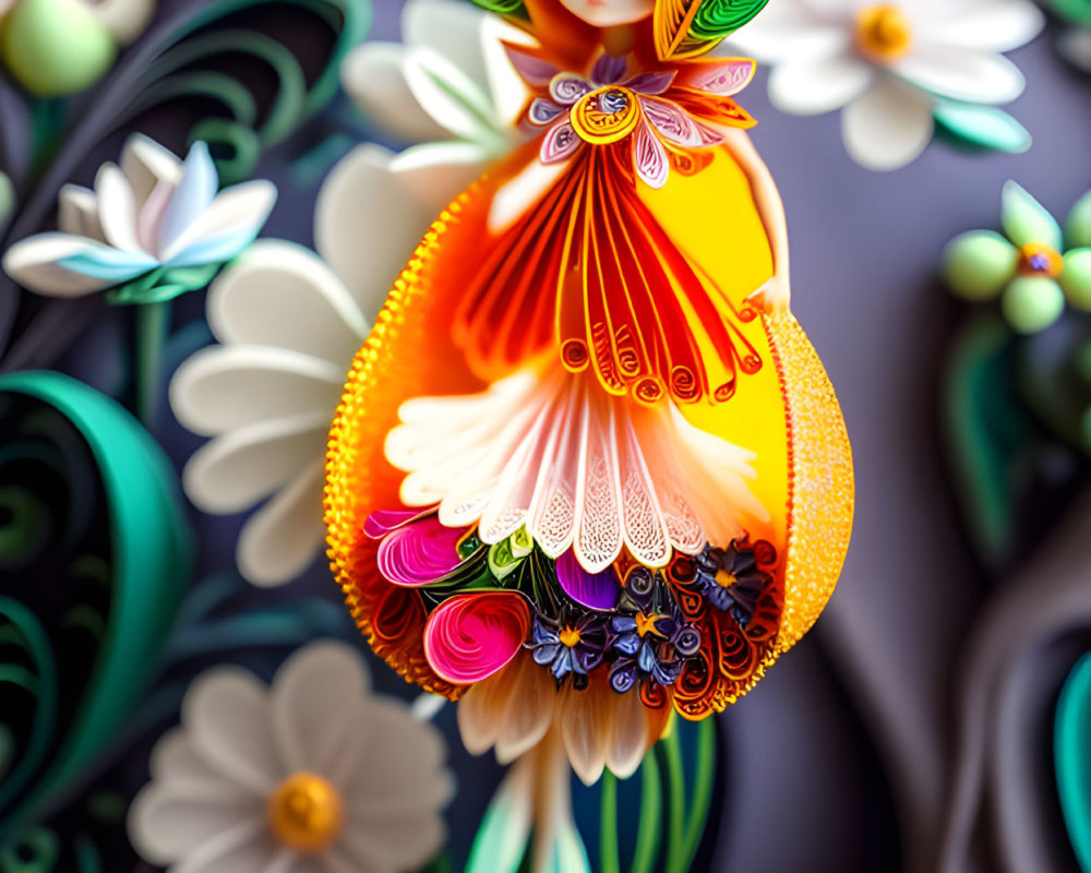 Colorful whimsical character in orange-yellow attire among stylized flowers