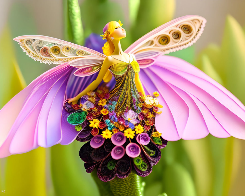 Colorful Quilled Paper Art: Yellow Fairy on Pink Flower