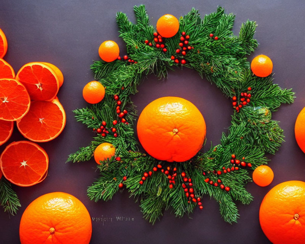 Green Pine and Red Berry Christmas Wreath with Oranges on Dark Background