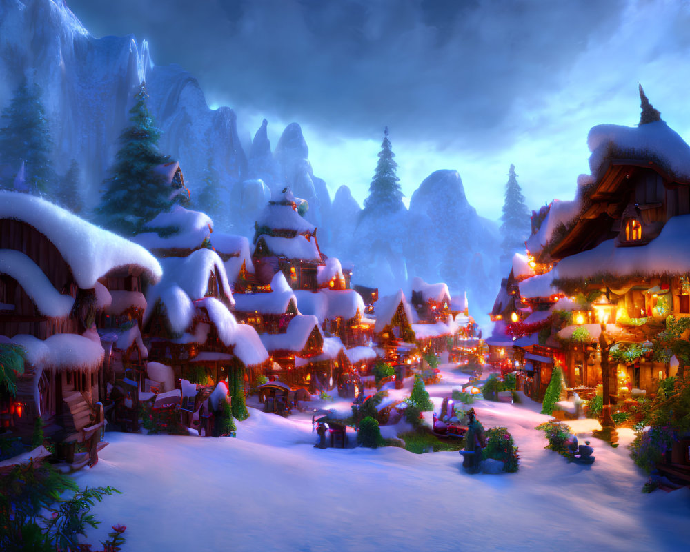 Snow-covered mountains frame cozy winter village with warm glowing lights