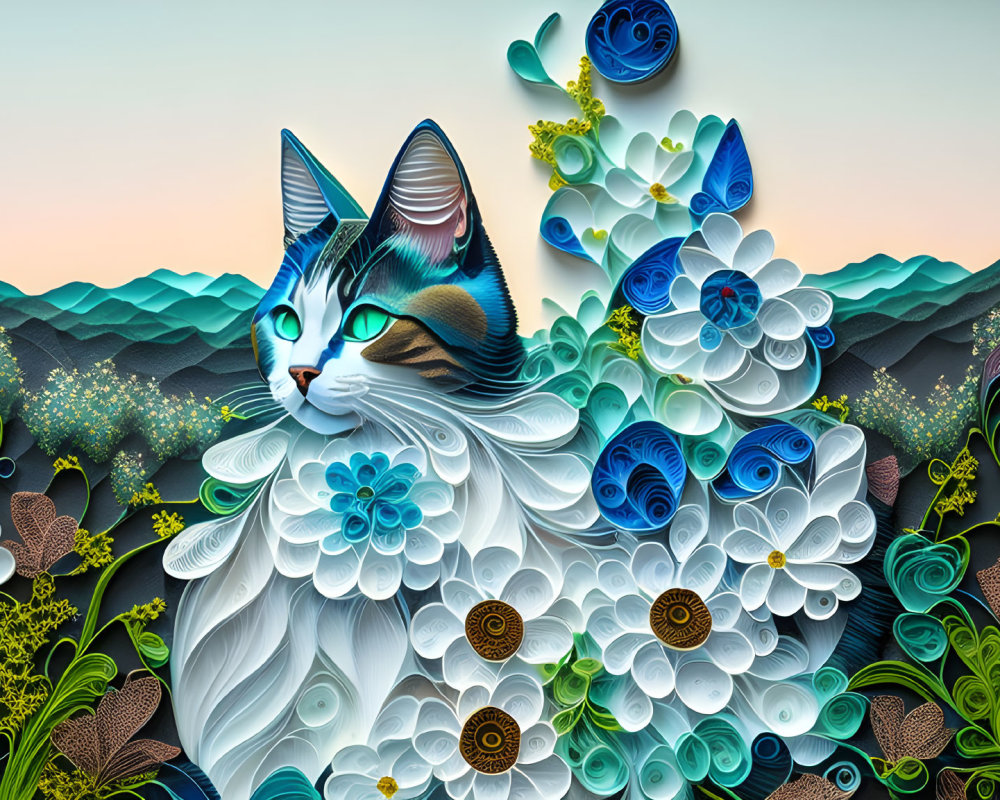 Colorful Paper Art: Vibrant Cat Among Flowers & Hills in Blue Theme