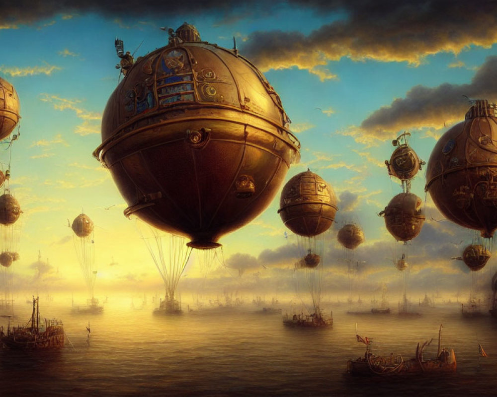 Fantastical steampunk airships over ocean at sunset with sailing ships below