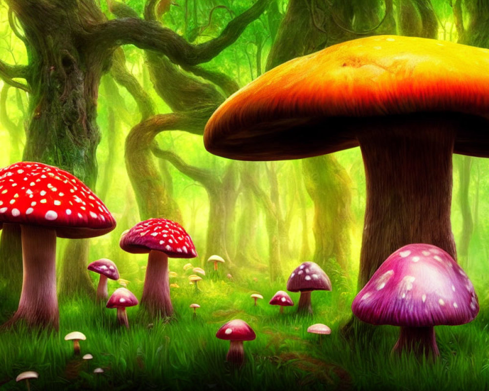 Colorful Oversized Mushrooms in Enchanted Forest Under Green Canopy