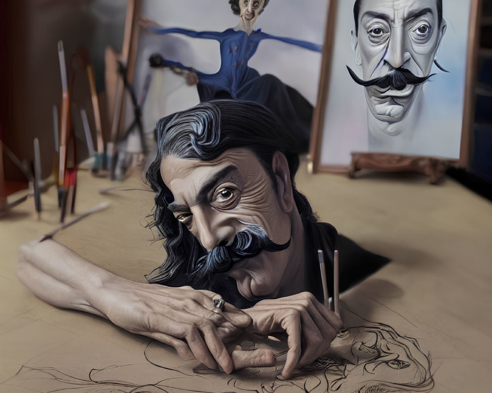 Three caricatures of artists with mustaches in surreal illustration