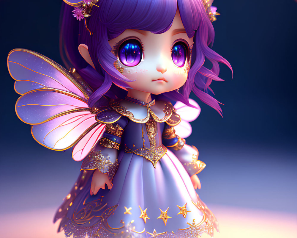 Stylized 3D illustration of a cute purple-haired fairy with butterfly wings